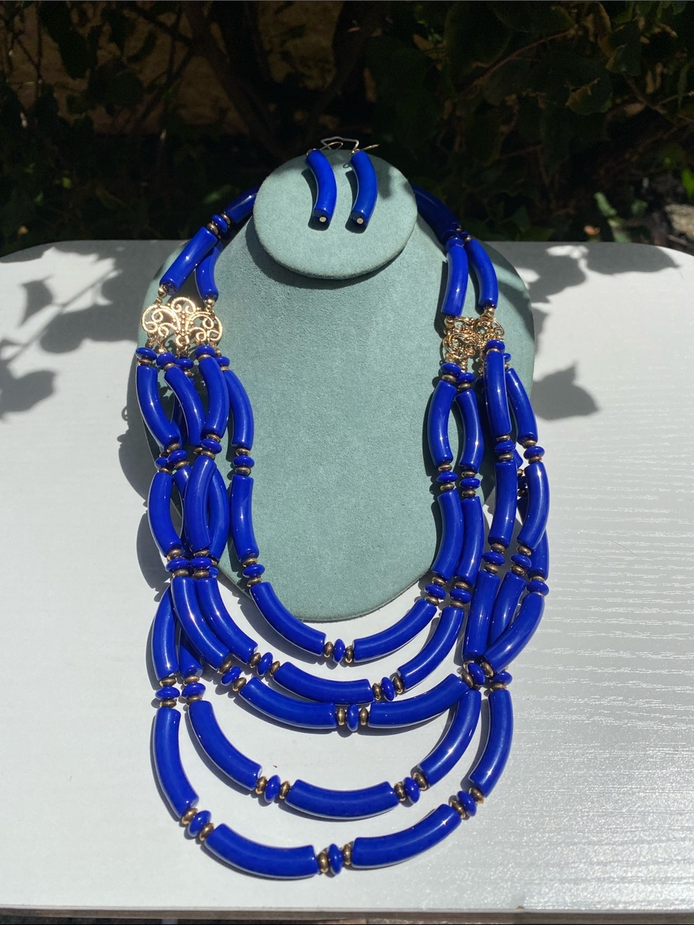 Cobalt Blue Multi-Strand Beaded Statement Necklace Earrings Set